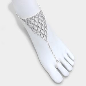 Silver Chain Rhinestone Crystal Anklet Metal Net Toe Ring Statement Jewelry